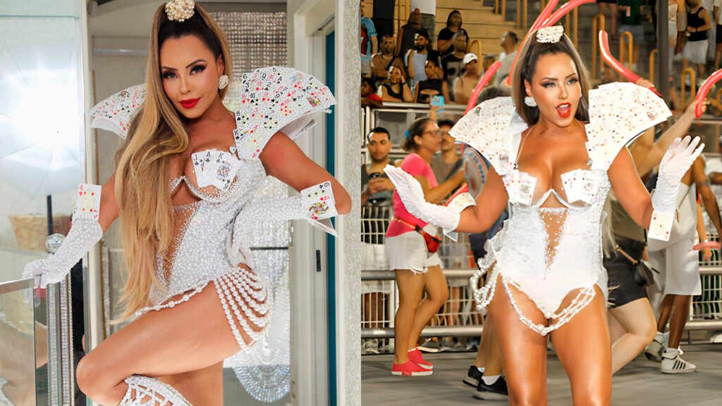 Ana Beatriz Godoi usa look inspirado em 'cassino' para ensaio técnico da Rosas de Ouro