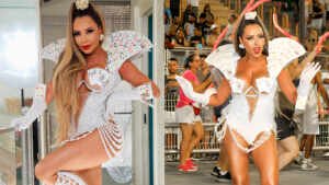 Ana Beatriz Godoi usa look inspirado em ‘cassino’ para ensaio técnico da Rosas de Ouro