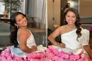 Gabriela Rehder de Curitiba usa vestido com 200 mini capivaras em sua chegada ao  Pequena Miss Brasil