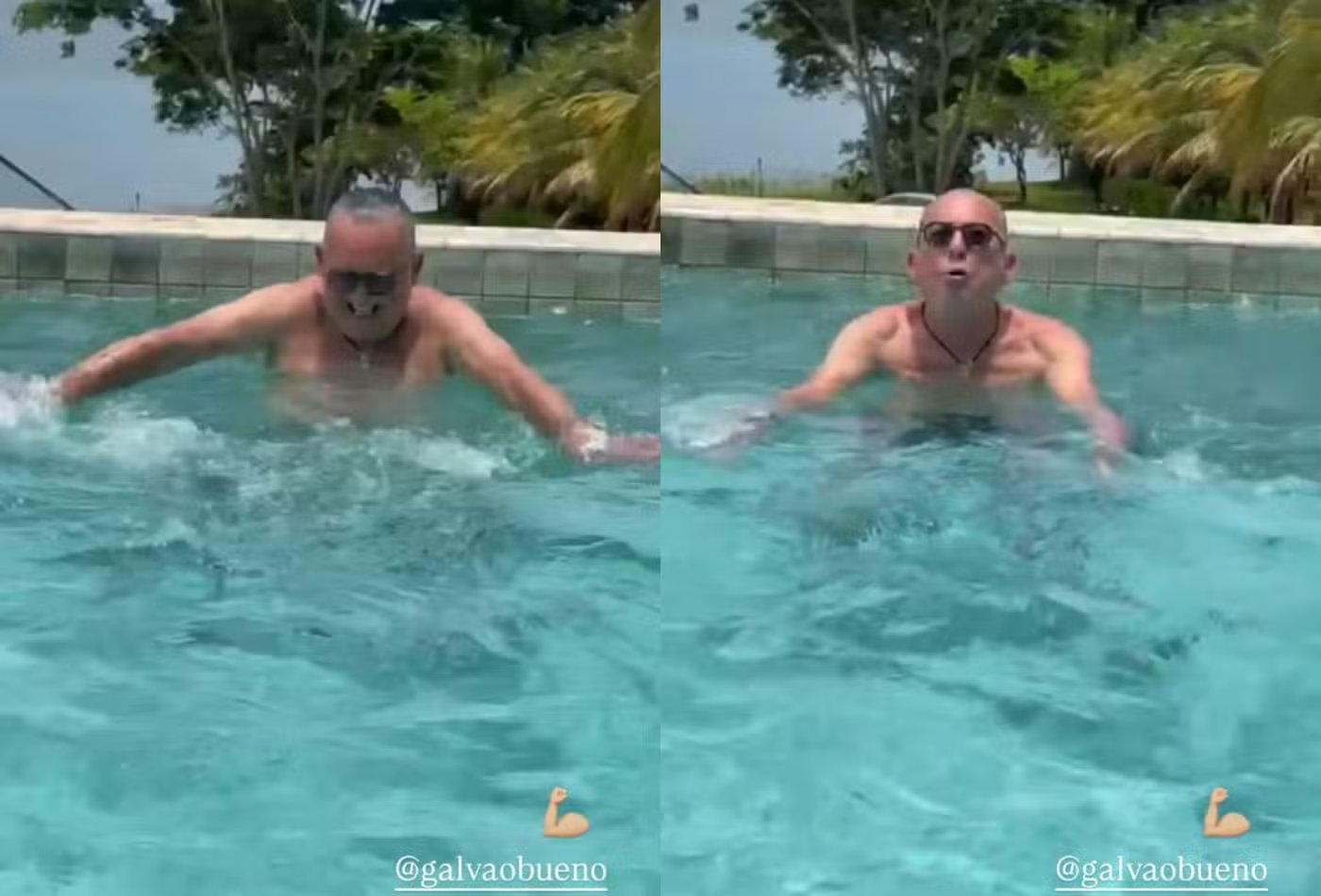 Galvão Bueno se exercita na piscina semanas após internação