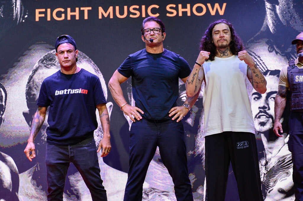 Personalidades participam de entrevista coletiva antes do Fight Music Show, na Zona Sul de SP