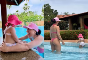 Clara, filha de Zezé Di Camargo e Graciele, encanta em dia de piscina