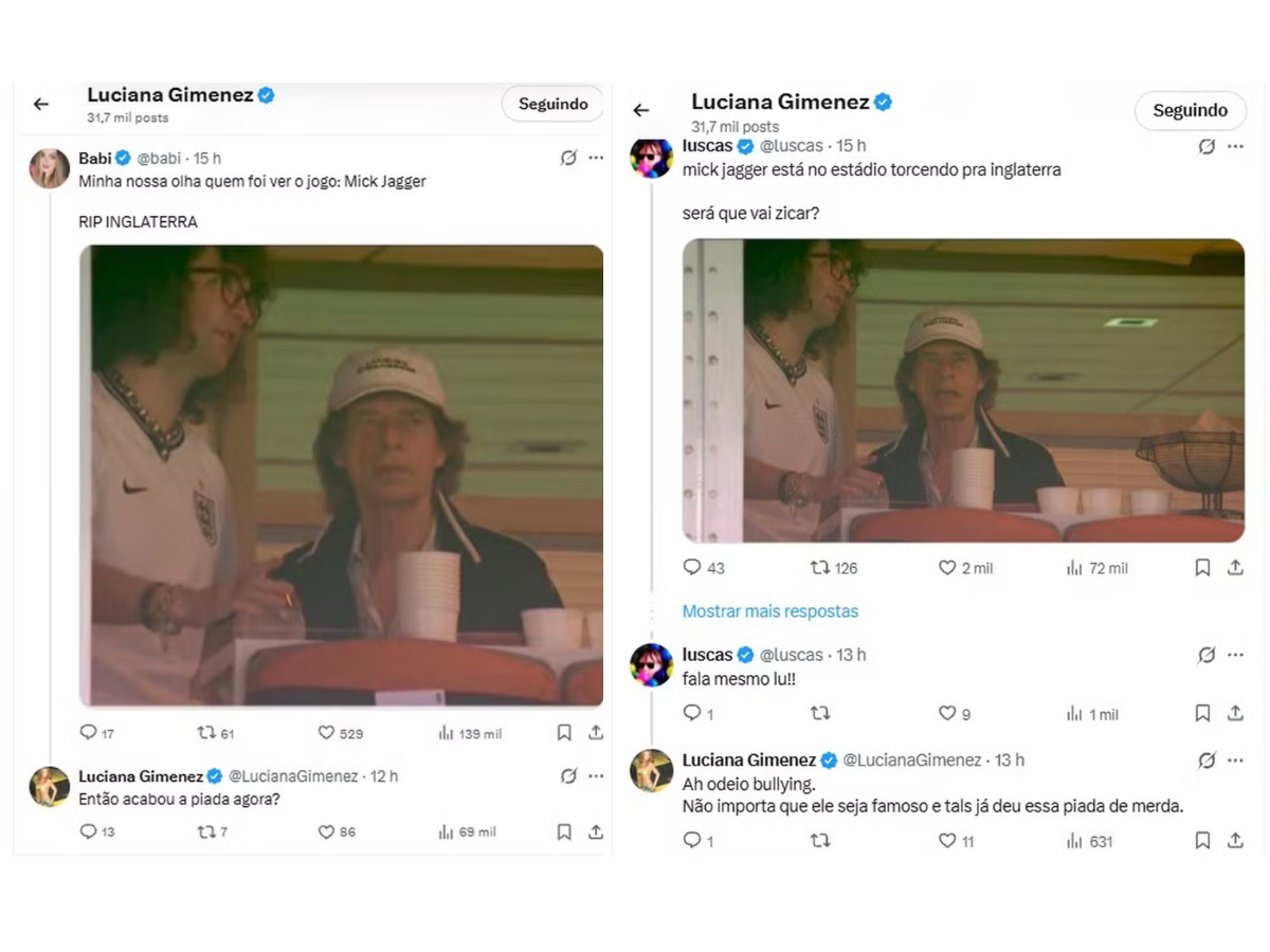 Luciana Gimenez rebate piadas contra Mick Jagger e dispara: "Bullying de mau gosto" 17 Luciana Gimenez rebate piadas contra Mick Jagger e dispara: "Bullying de mau gosto" - Foto: Reprodução/X
