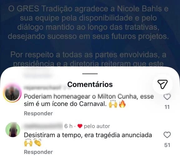 1787865704 188 Nicole Bahls se manifesta apos Escola de Samba Tradicao cancelar
