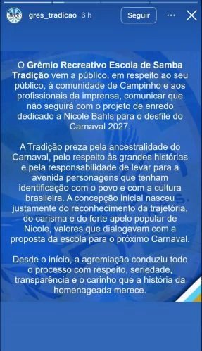 1787865704 418 Nicole Bahls se manifesta apos Escola de Samba Tradicao cancelar