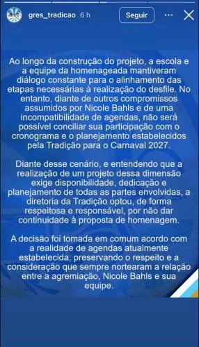 1787865705 339 Nicole Bahls se manifesta apos Escola de Samba Tradicao cancelar