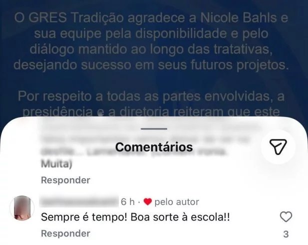 Nicole Bahls se manifesta apos Escola de Samba Tradicao cancelar